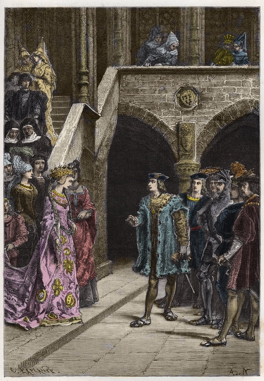 Carlo VIII e Anna di Bretagna - Incontro tra il re Carlo VIII (1470-98) e la regina Anna di Bretagna - incisione da "L