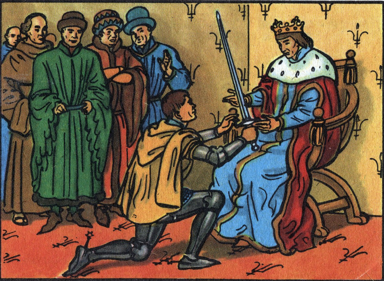 Carlo V il Saggio (1338-1380) consegna solennemente la spada di connestabile a Bertrand du Guesclin (1320-1380). Illustrazione anonima in “Collection des souverains et chefs d