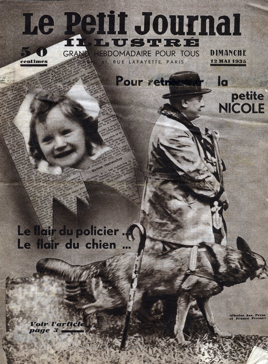 Affari di Chaumont: cani poliziotto si allenano a trovare la traccia di bambini scomparsi (qui, la ragazza Nicole) e banditi. Copertina da "Le petit journal illustré" del 12/05/1935. Collezione privata da Anonymous Anonymous