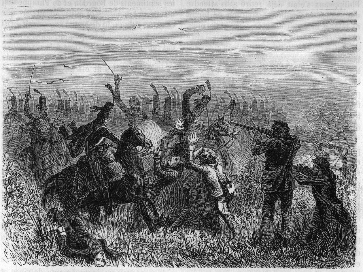 Distruzione completa dei Vandeani: Battaglia di Savenay nel dicembre 1793. Incisione del 1866 in “Histoire de la Revolution francaise” di Adolphe Thiers da Anonymous Anonymous
