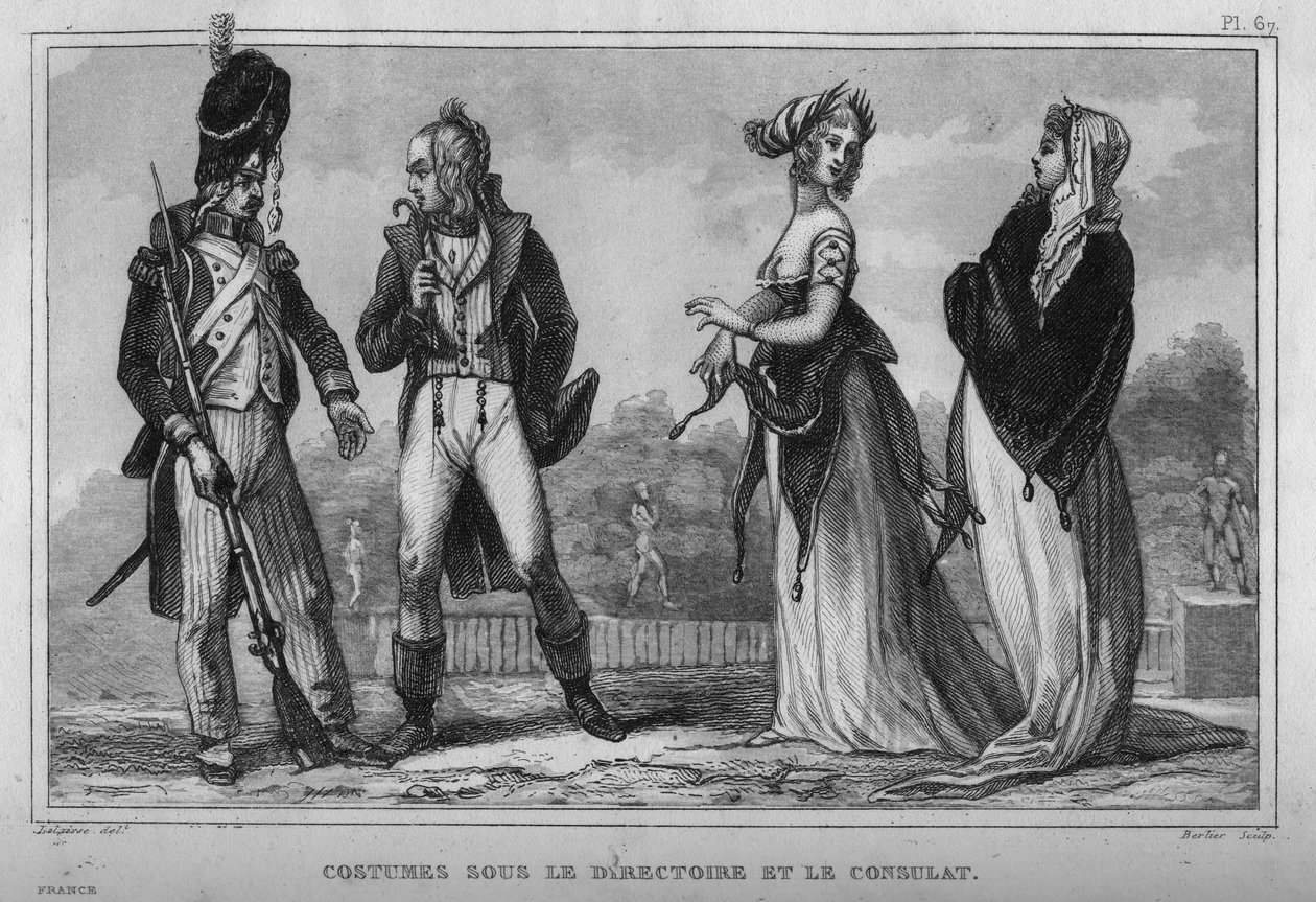 Costumi sotto il Direttorio e il Consolato. Incisione del 1859 in "Le Monde. Storia di tutti i popoli dai tempi più remoti ai giorni nostri" di M. E. de Lostalot-Bachoue. Collezione privata da Anonymous Anonymous
