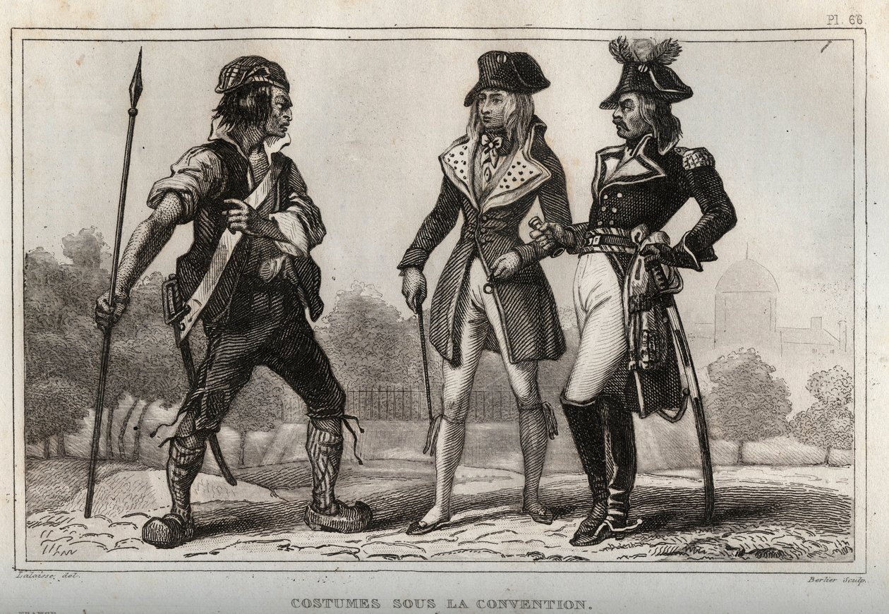 Costumi sotto la Convenzione. Incisione del 1859 in "Le Monde. Storia di tutti i popoli dai tempi più remoti ai giorni nostri" di M. E. de Lostalot-Bachoue. Collezione privata da Anonymous Anonymous