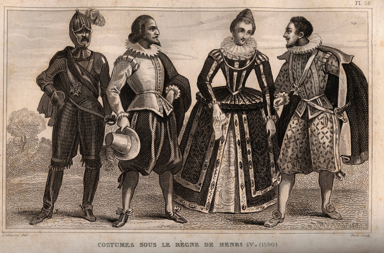 Costumi sotto il regno di Enrico IV (1590). Incisione del 1859 in "Le Monde. Storia di tutti i popoli dai tempi più remoti ai giorni nostri" di M. E. de Lostalot-Bachoue. Collezione privata da Anonymous Anonymous