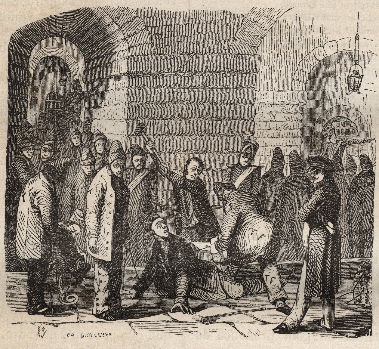 Accoppiamento al Bagne di Rochefort nel XIX secolo. Incisione in "Histoire des bagnes depuis leur création à nos jours" (1877) di Pierre Zaccone (1817-1895). Collezione privata da Anonymous Anonymous