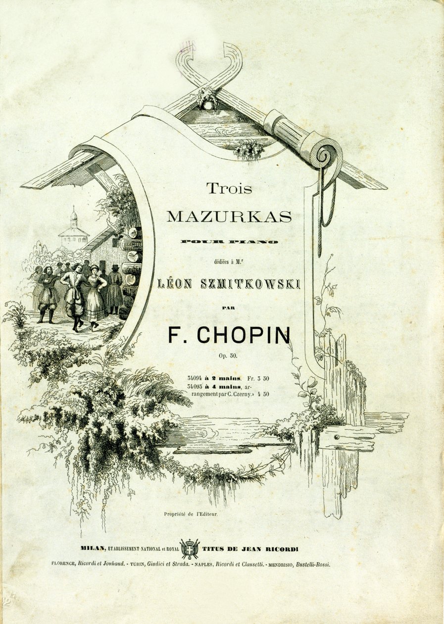 Copertina di "Tre mazurche per pianoforte, Opus 50" dedicate a Leon Szmitkowski composte da Frederic Chopin (1810-1849). da Anonymous Anonymous