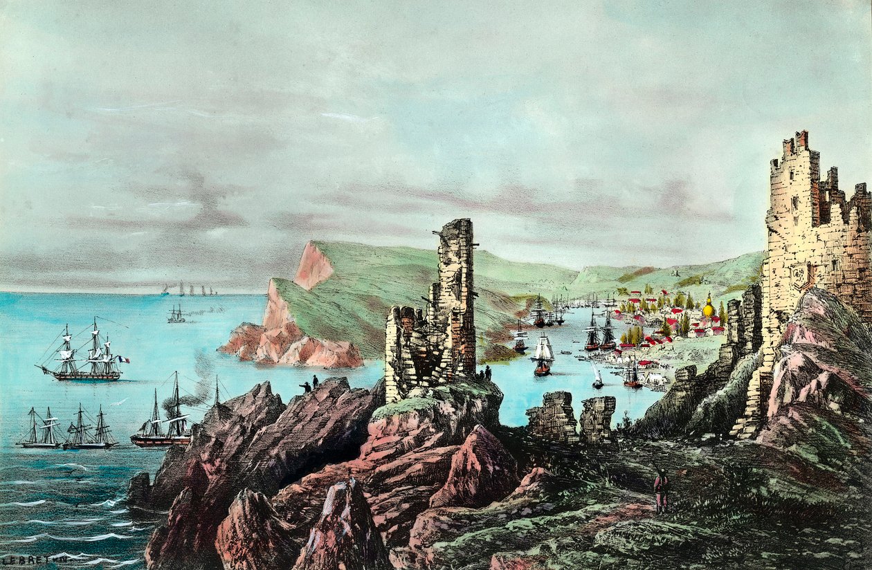 Guerra di Crimea: vista del porto di Balaklava in Crimea. Incisione intorno al 1854-1855. Collezione privata da Anonymous Anonymous