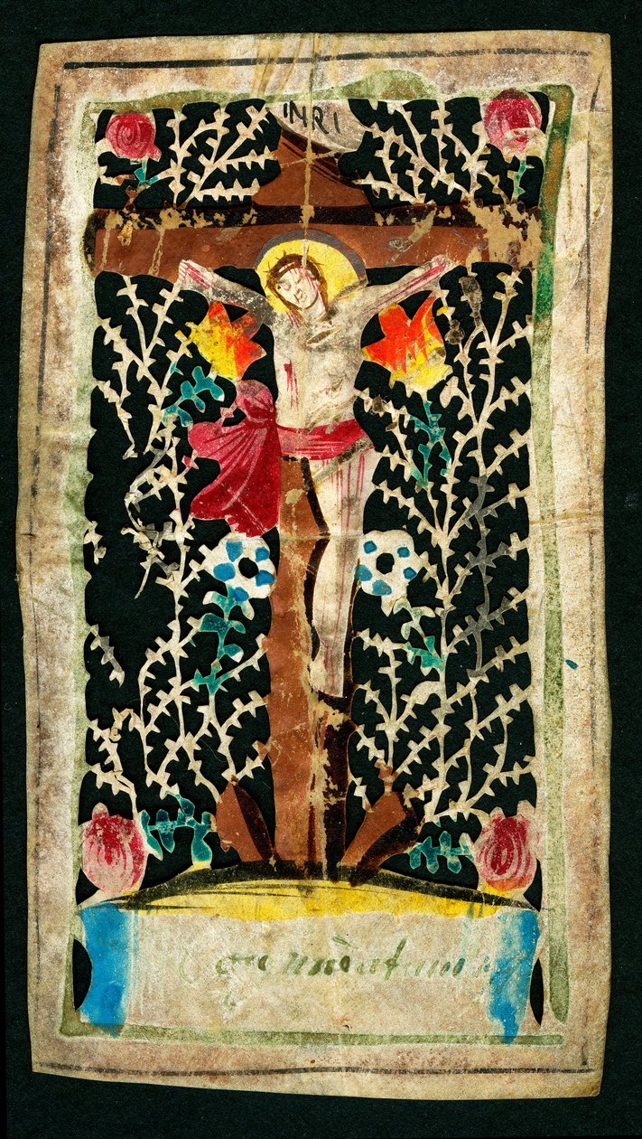 Crocifissione. Immagine pia nel canale. Iscrizioni INRI (I.N.R.I.). Collezione privata da Anonymous Anonymous