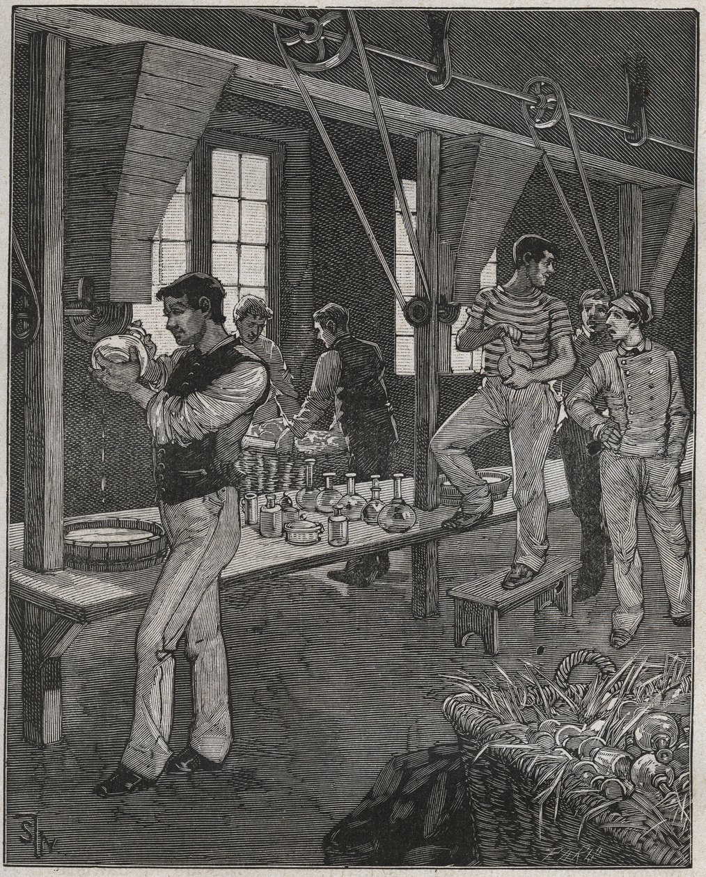Laboratorio di incisori di cristallo in Francia nel XIX secolo. Incisione del 1885 in 