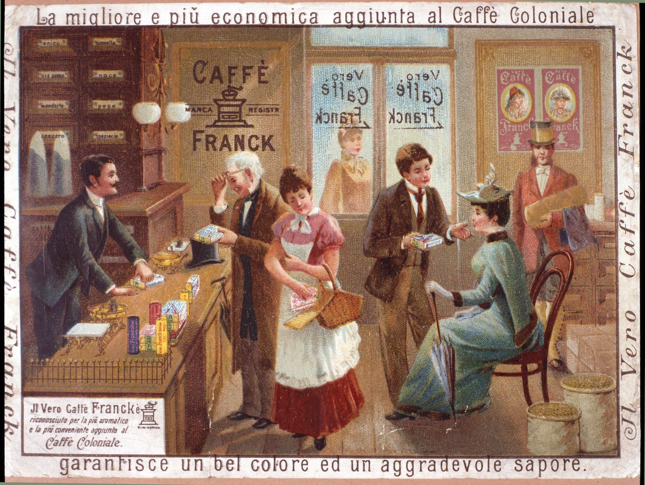 Clienti in un negozio di alimentari che vende caffè. Pubblicità per il "Caffè Franck". Cromolitografia, circa 1900. da Anonymous Anonymous