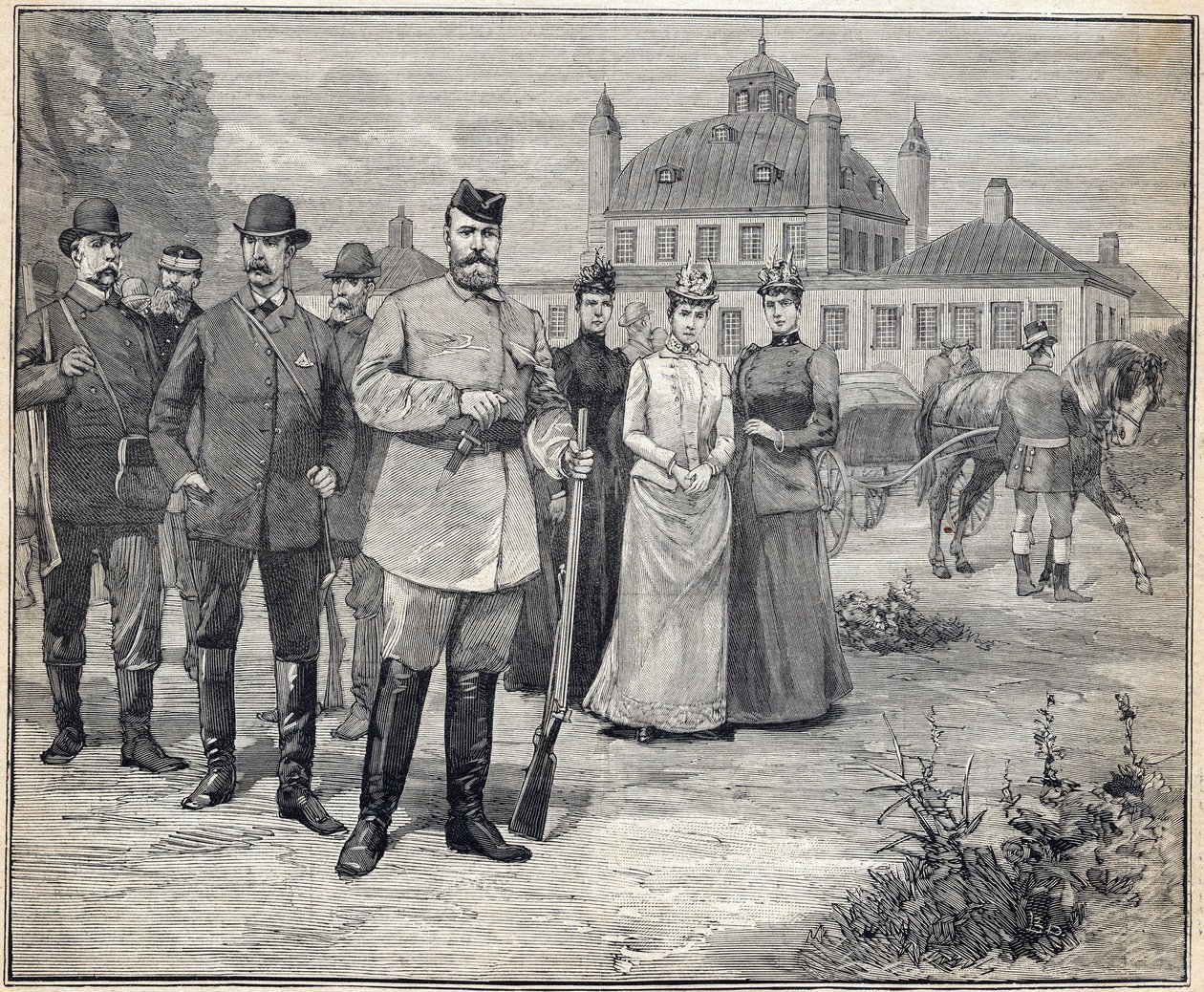 Partenza per la caccia dello Zar Nicola II di Russia a Fredensborg, Danimarca. Incisione in 
