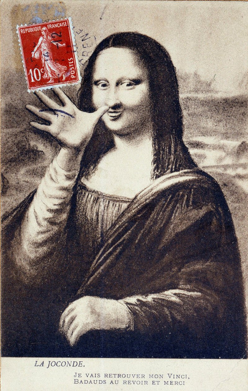 Rappresentazione distorta della "Monna Lisa" di Leonardo da Vinci: Monna Lisa che saluta per significare la sua partenza per trovare il suo "Vinci". Cartolina comica pubblicata al momento del furto dell