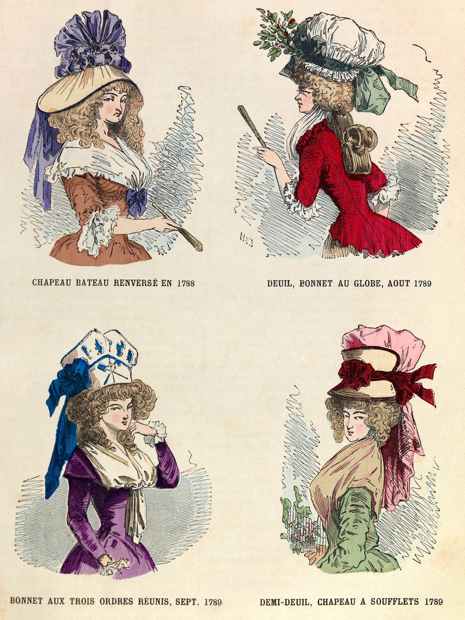 Diversi stili di cappelli nel 1789 durante la Rivoluzione Francese - collezione privata da Anonymous Anonymous