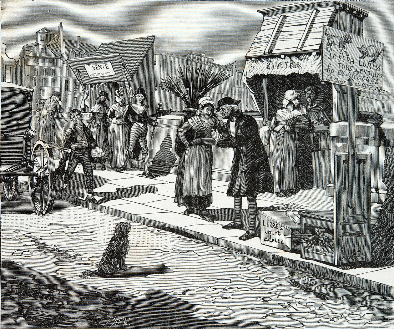 Toelettatori di cani sul ponte nove di Parigi intorno al 1796, Incisione, Collezione privata da Anonymous Anonymous