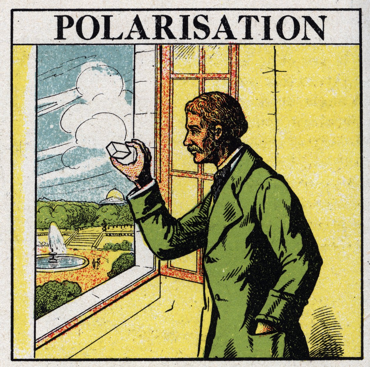 Doppia rifrazione: Etienne Louis Malus osserva attraverso uno spato la luce del sole al tramonto riflessa dalle finestre del Lussemburgo nel 1808. Illustrazione anonima del 1925. Collezione privata da Anonymous Anonymous