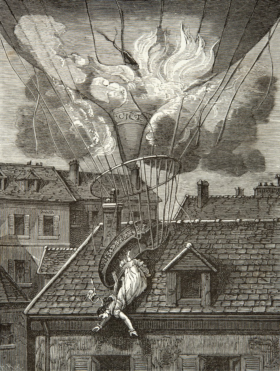 Morte drammatica di Madame Sophie Blanchard (1778-1819), aeronauta il 6 luglio 1819 sopra i giardini di Tivoli a Parigi, Incisione, Collezione privata da Anonymous Anonymous
