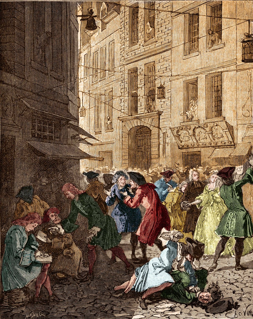 Sistema economico: la bolla speculativa al tempo del sistema di legge, gli agiatori della rue Quincampoix - Parigi IV ardt. La rue Quincampoix era al tempo del sistema di John Law (1671 - 1729). da Anonymous Anonymous
