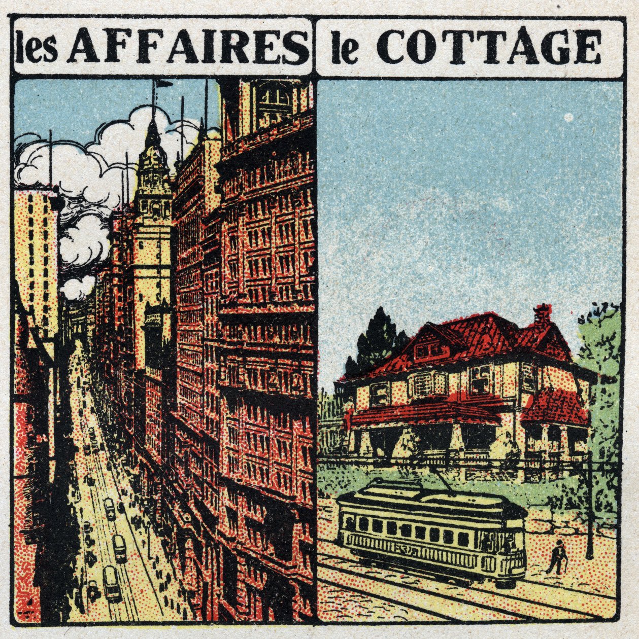 Tram elettrici: linea del tram in città (a sinistra) e in campagna (a destra). Illustrazione anonima del 1925. Collezione privata. da Anonymous Anonymous