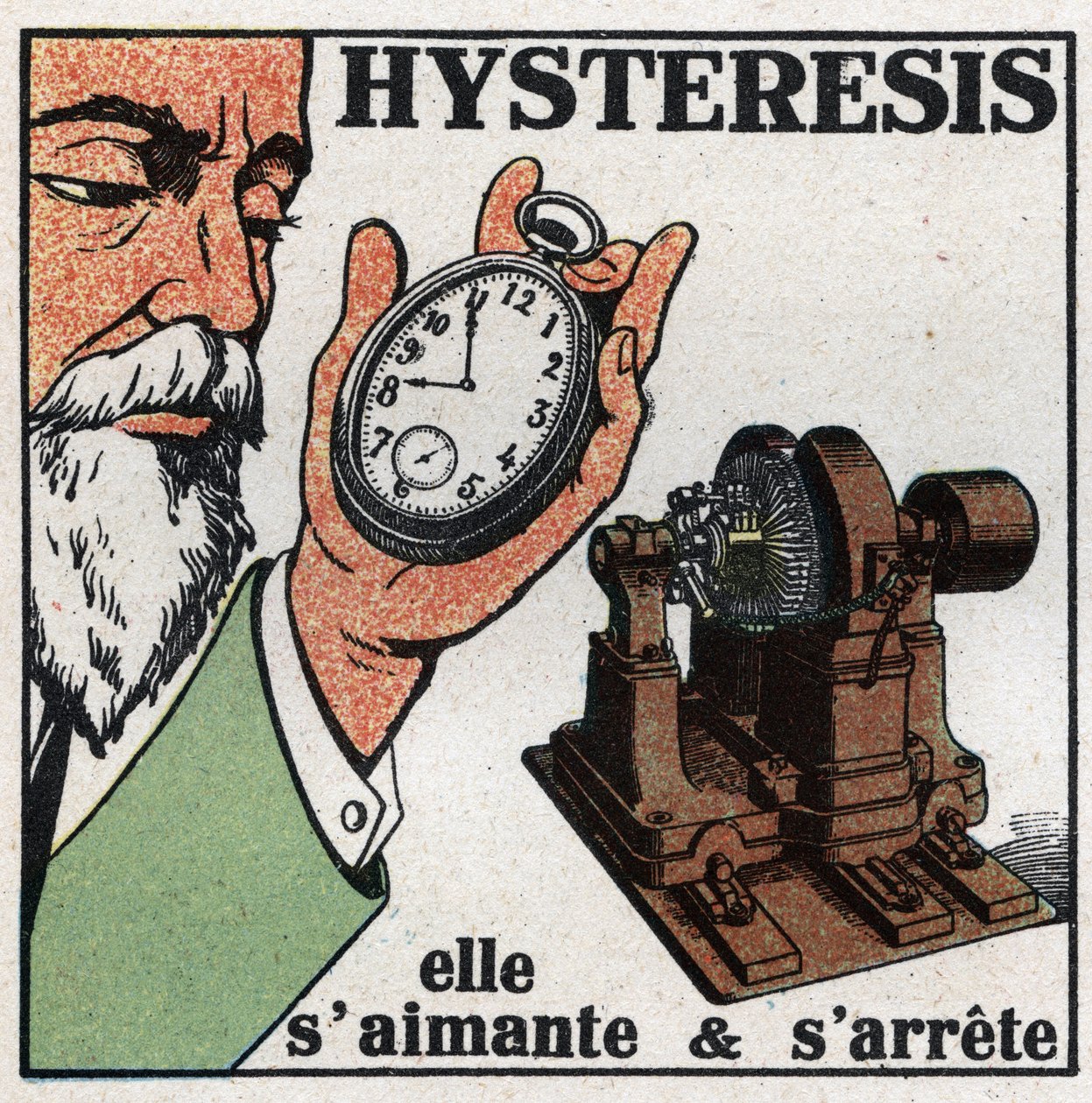 Fenomeni elettrici: isteresi. Dimostrazione del fenomeno di isteresi avvicinando una dinamo che aziona un orologio i cui ingranaggi sono in gran parte in acciaio, si magnetizza e si ferma. Illustrazione anonima del 1925. Collezione privata. da Anonymous Anonymous