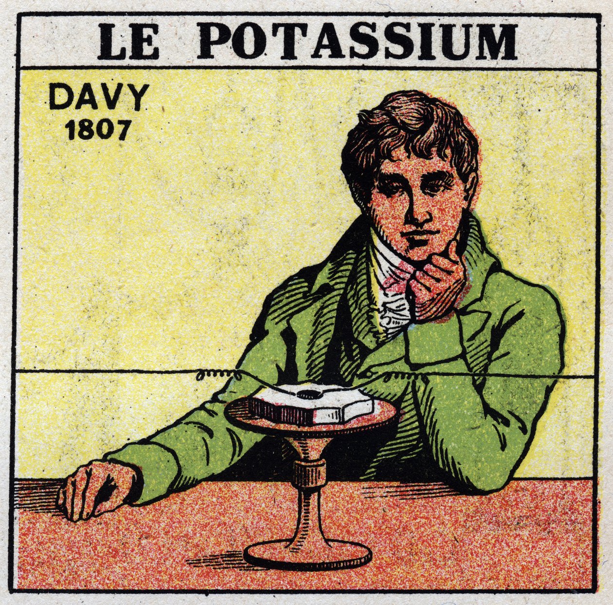 Elettrochimica: decomposizione di potassa (potassio) e soda da parte di Sir Humphry Davy (1778-1829) nel 1807. Illustrazione anonima del 1925. Collezione privata. da Anonymous Anonymous