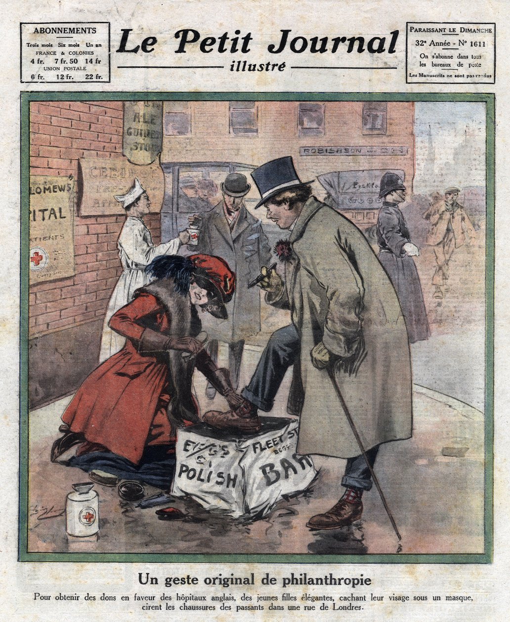 Giovani ragazze eleganti, il loro volto nascosto dietro una maschera, lucidano le scarpe dei passanti londinesi per raccogliere fondi per gli ospedali inglesi. Illustrazione tratta da "Le petit journal illustré" del 06/11/1921. Collezione privata da Anonymous Anonymous