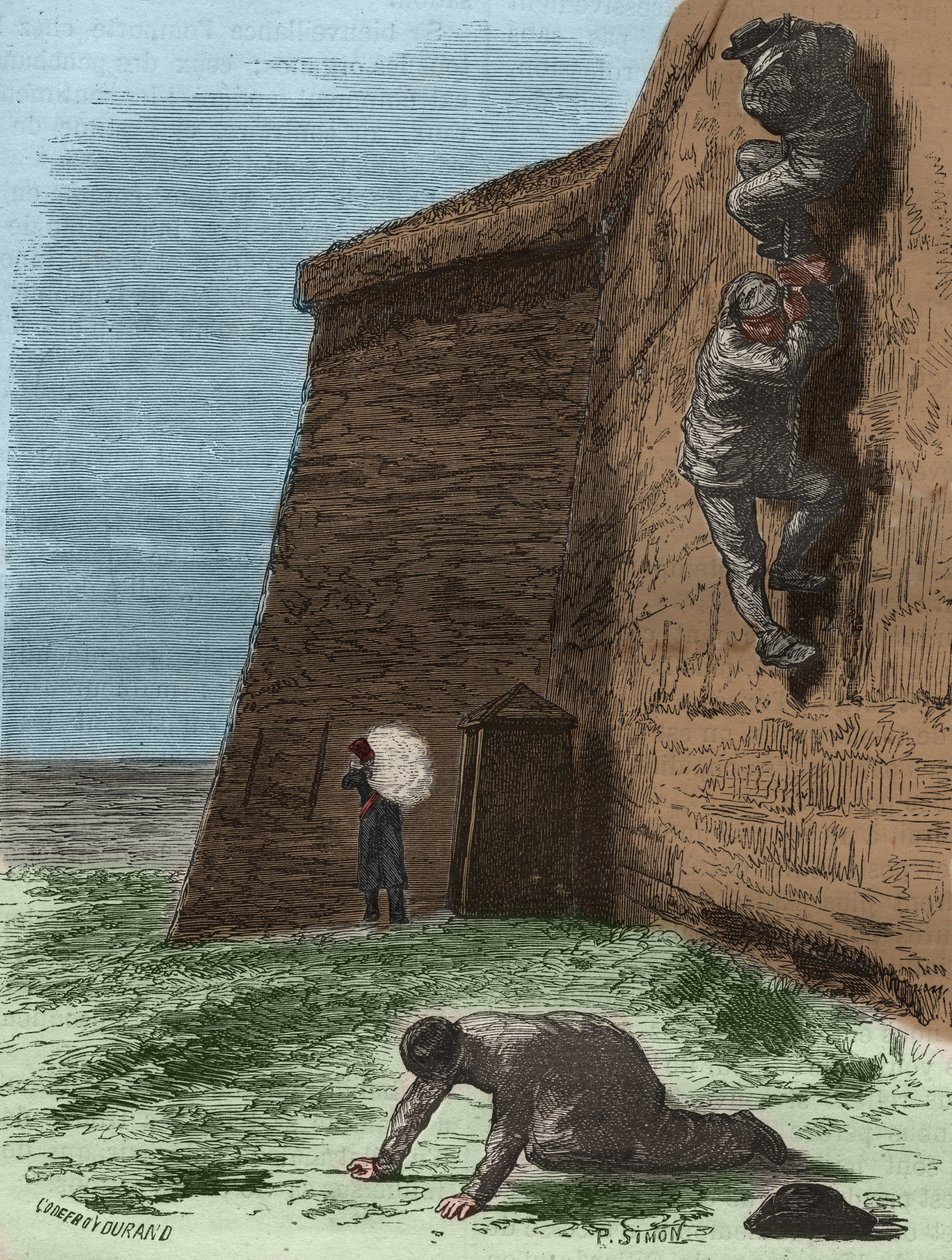 Fuga dal Bagne di Rochefort nel XIX secolo. Incisione in "Histoire des bagnes depuis leur création à nos jours" (1877) di Pierre Zaccone (1817-1895). Collezione privata da Anonymous Anonymous