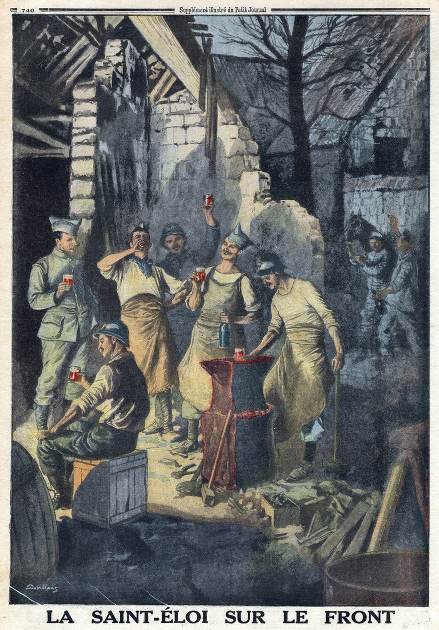 Prima Guerra Mondiale 1914-1918. Celebrazione di San Eloi (Saint-Eloi) dei soldati al fronte. Tutti bevono un bicchiere di vino rosso per la festa. In 