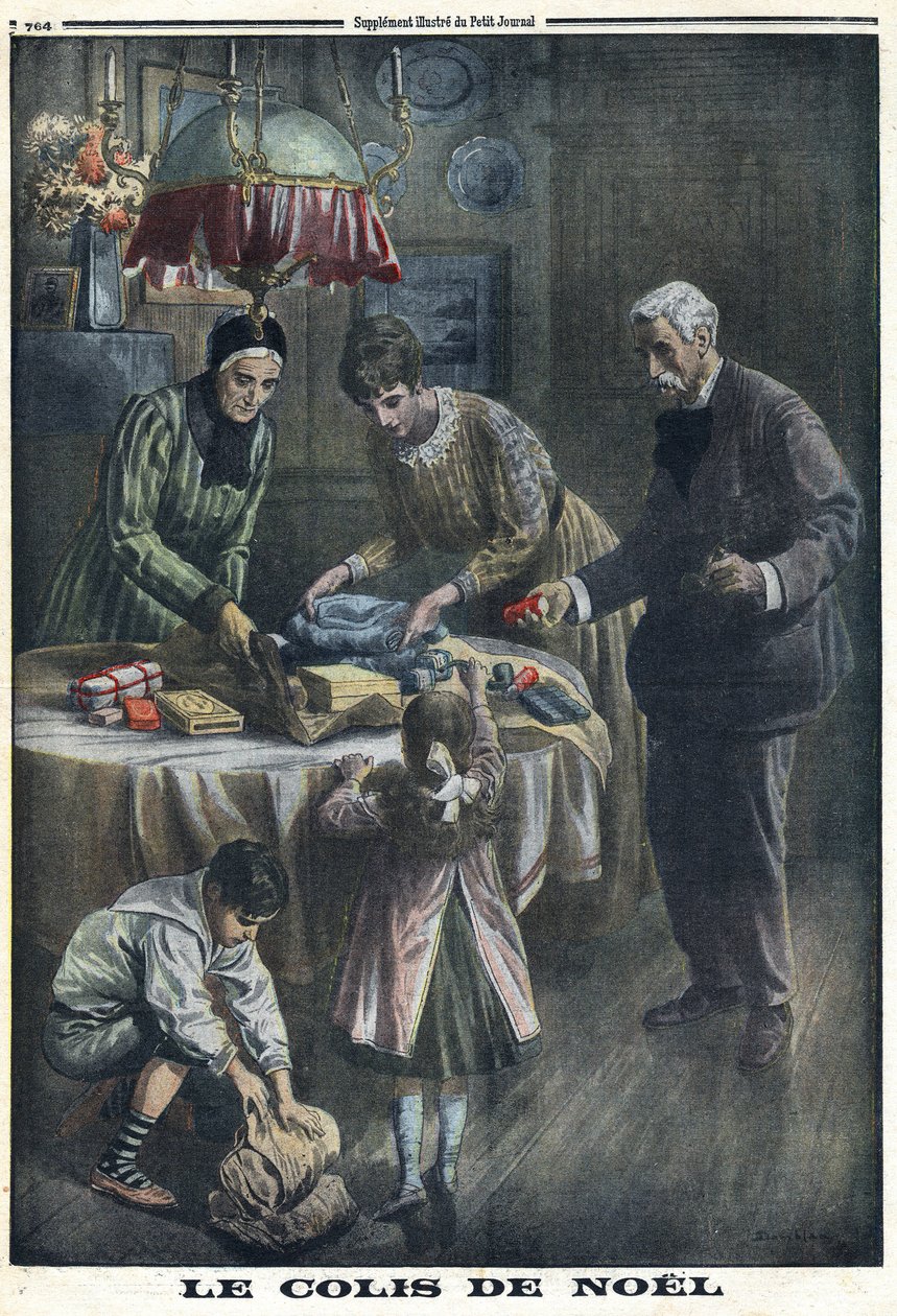 Prima Guerra Mondiale 1914-1918. Regalo di Natale: i bambini ricevono e scartano i pacchi ricevuti dal loro padre sul campo di battaglia alla vigilia di Natale. In 