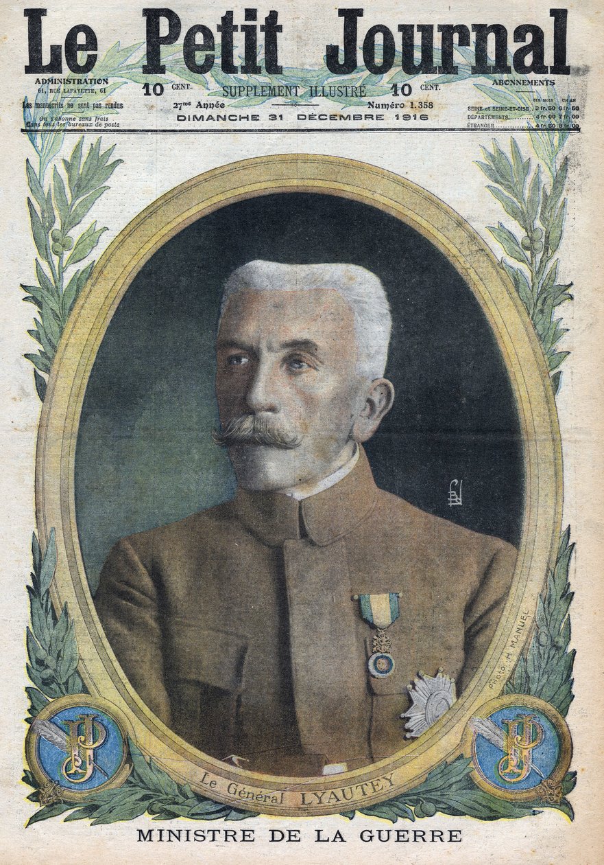 Prima Guerra Mondiale 1914-1918. Ritratto del Generale Hubert Lyautey (Louis-Hubert-Gonzalve Lyautey) (1854-1934) Ministro della Guerra. In "Le Petite Journal", 31/12/1916. Collezione privata da Anonymous Anonymous