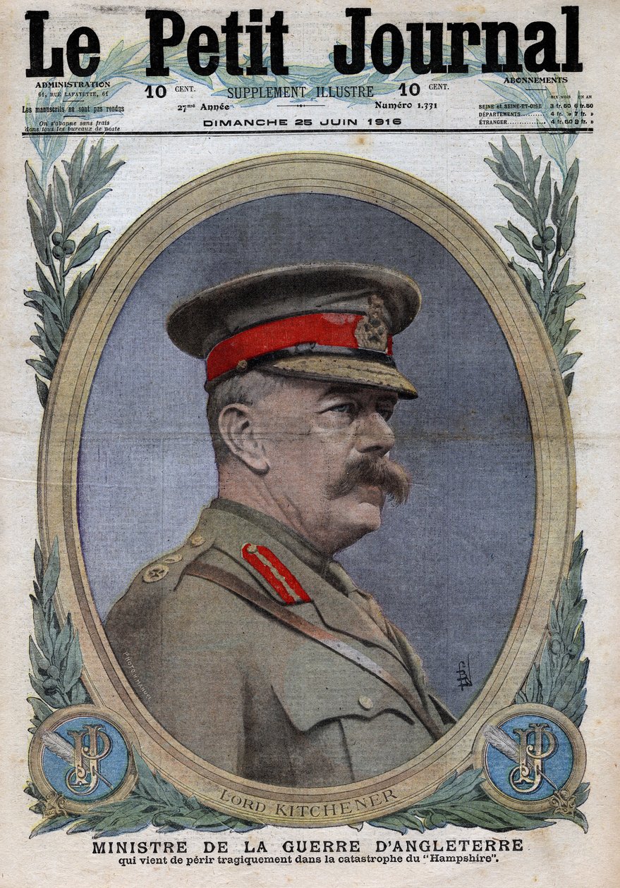 Prima Guerra Mondiale 1914-1918. Ritratto del Ministro della Guerra in Inghilterra Horatio Herbert Kitchener (1850-1916). In "Le Petite Journal", 25/06/1916. Collezione privata da Anonymous Anonymous