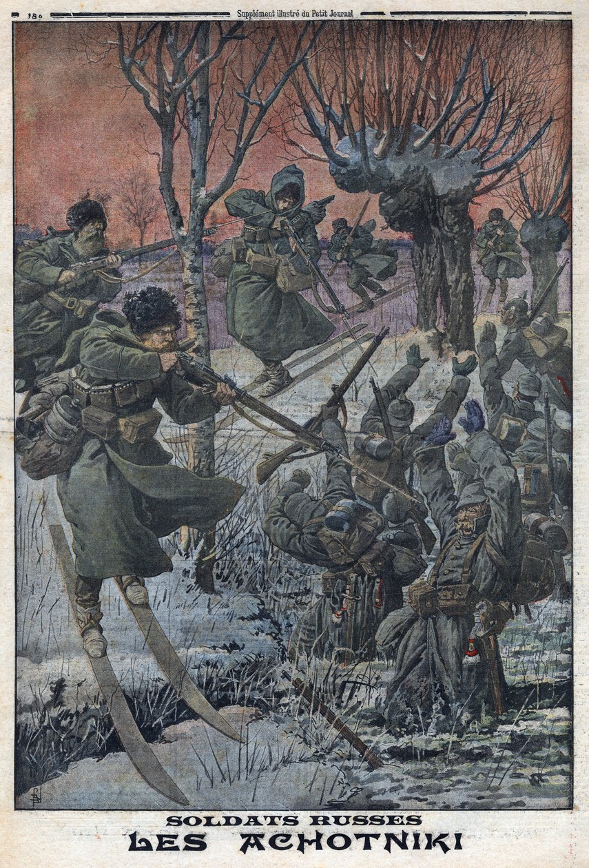 Prima Guerra Mondiale 1914-1918. Soldati russi Ahotniki sugli sci sparano ai soldati tedeschi. In 
