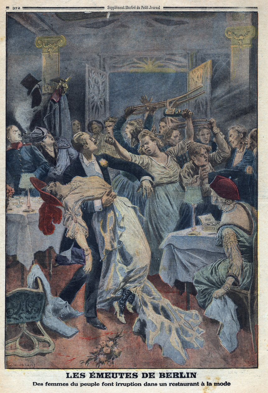 Prima Guerra Mondiale 1914-1918. Le donne del popolo irrompono in un ristorante alla moda e chiedono il ritorno dei loro mariti. In "Le Petite Journal", il 16/01/1916. Collezione privata da Anonymous Anonymous