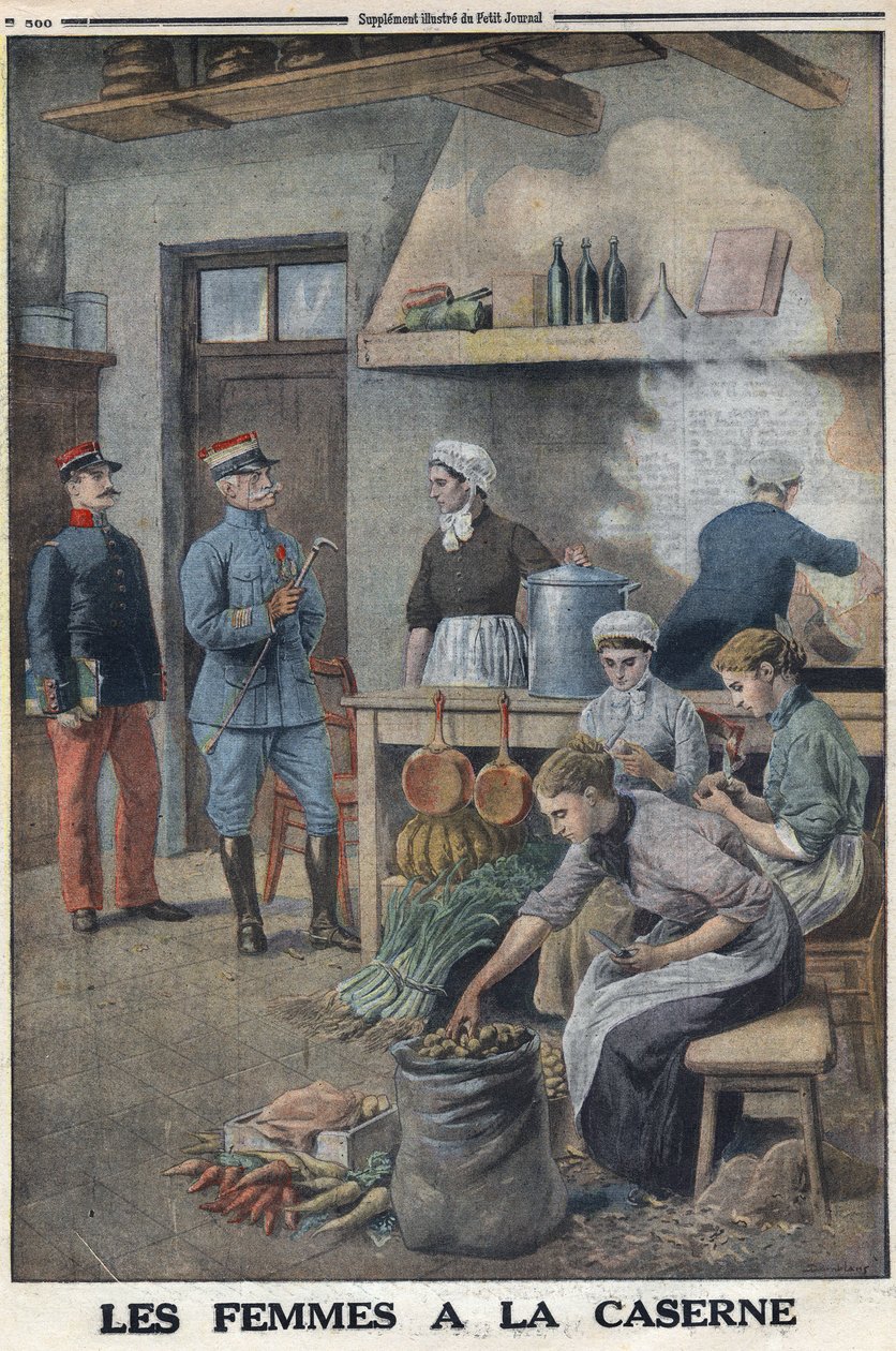 Prima Guerra Mondiale 1914-1918. Donne che preparano cibo nelle cucine delle baracche. Tre chef nella corvée delle patate, pelano le patate. In 