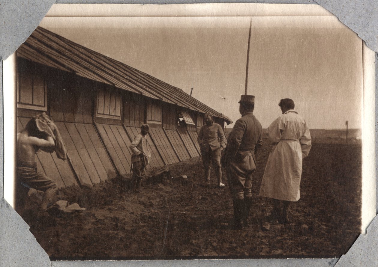Prima Guerra Mondiale 1914-1918: ricerca di teste ai margini, campo di Couville nella Manica, Bassa Normandia, Francia. Fotografia anonima maggio 1917. Collezione privata, Stella. da Anonymous Anonymous