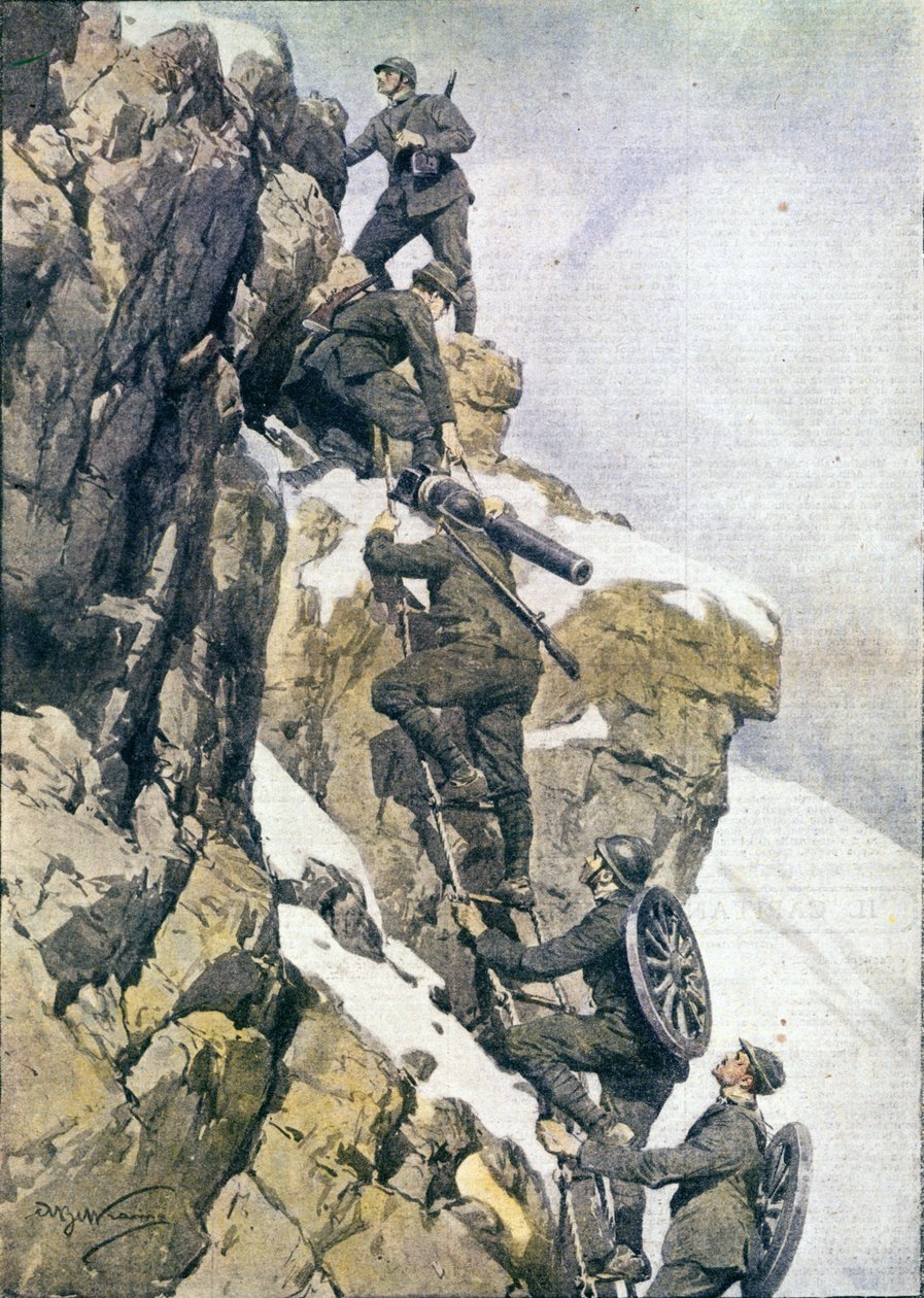 Prima Guerra Mondiale: cacciatori alpini italiani che trasportano materiale su una vetta delle Alpi italiane da Anonymous Anonymous