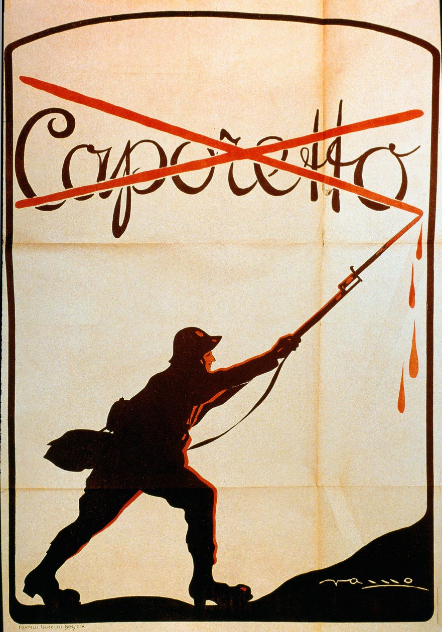 Prima Guerra Mondiale: manifesto pubblicato in occasione della sconfitta di Caporetto (o Battaglia di Karfreit) alla fine di ottobre 1917 che rappresenta un soldato dell