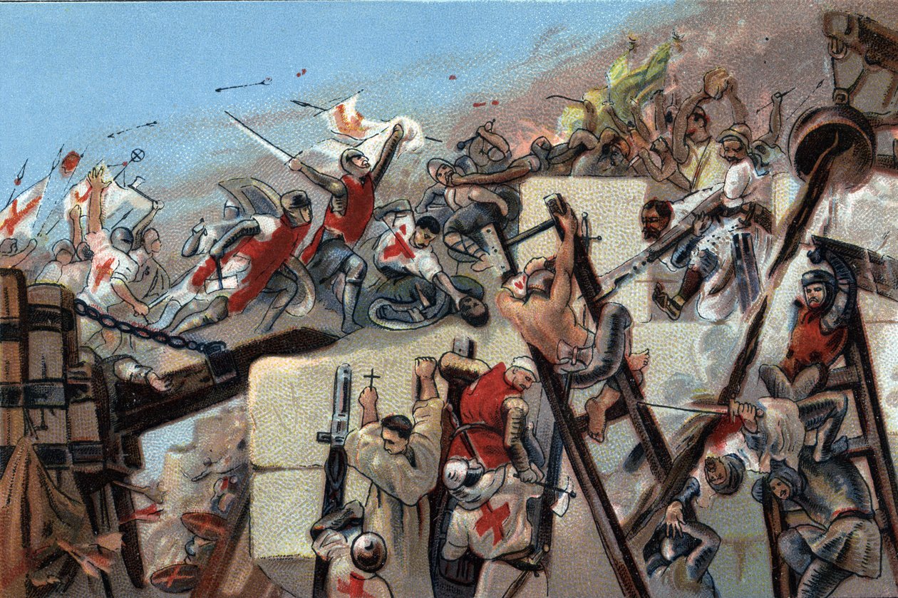 Prima crociata (1096-1099): la cattura di Gerusalemme da parte dei crociati guidati da Goffredo di Buglione (1061-1100) il 15 luglio 1099. Cromolitografia pubblicitaria dei cioccolati Antoine a Bruxelles, inizio del XX secolo. Collezione privata da Anonymous Anonymous