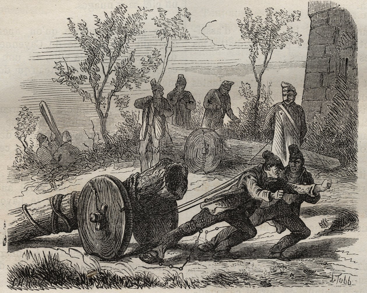 Forzati boscaioli al bagne di Tolone nel XIX secolo. Incisione in "Histoire des bagnes depuis leur création à nos jours" (1877) di Pierre Zaccone (1817-1895) (Colonia Penale). Collezione privata da Anonymous Anonymous