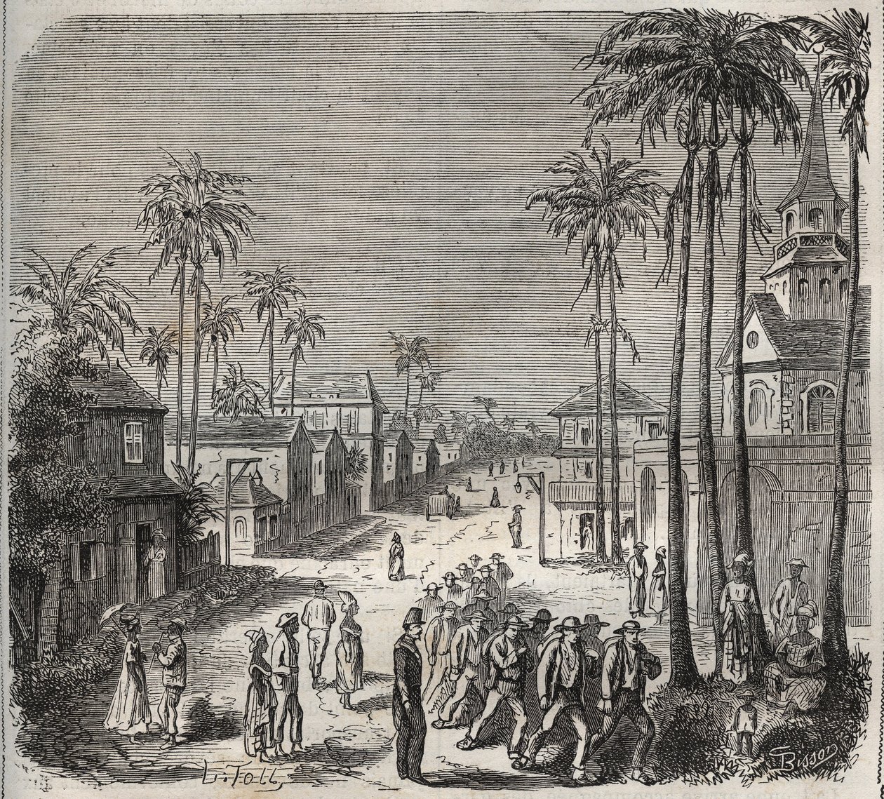 Forzati al lavoro al penitenziario Saint-Laurent a Cayenne (Guyana Francese) nel XIX secolo. Incisione in "Histoire des bagnes depuis leur création à nos jours" (1877) di Pierre Zaccone (1817-1895) (Colonia Penale) da Anonymous Anonymous