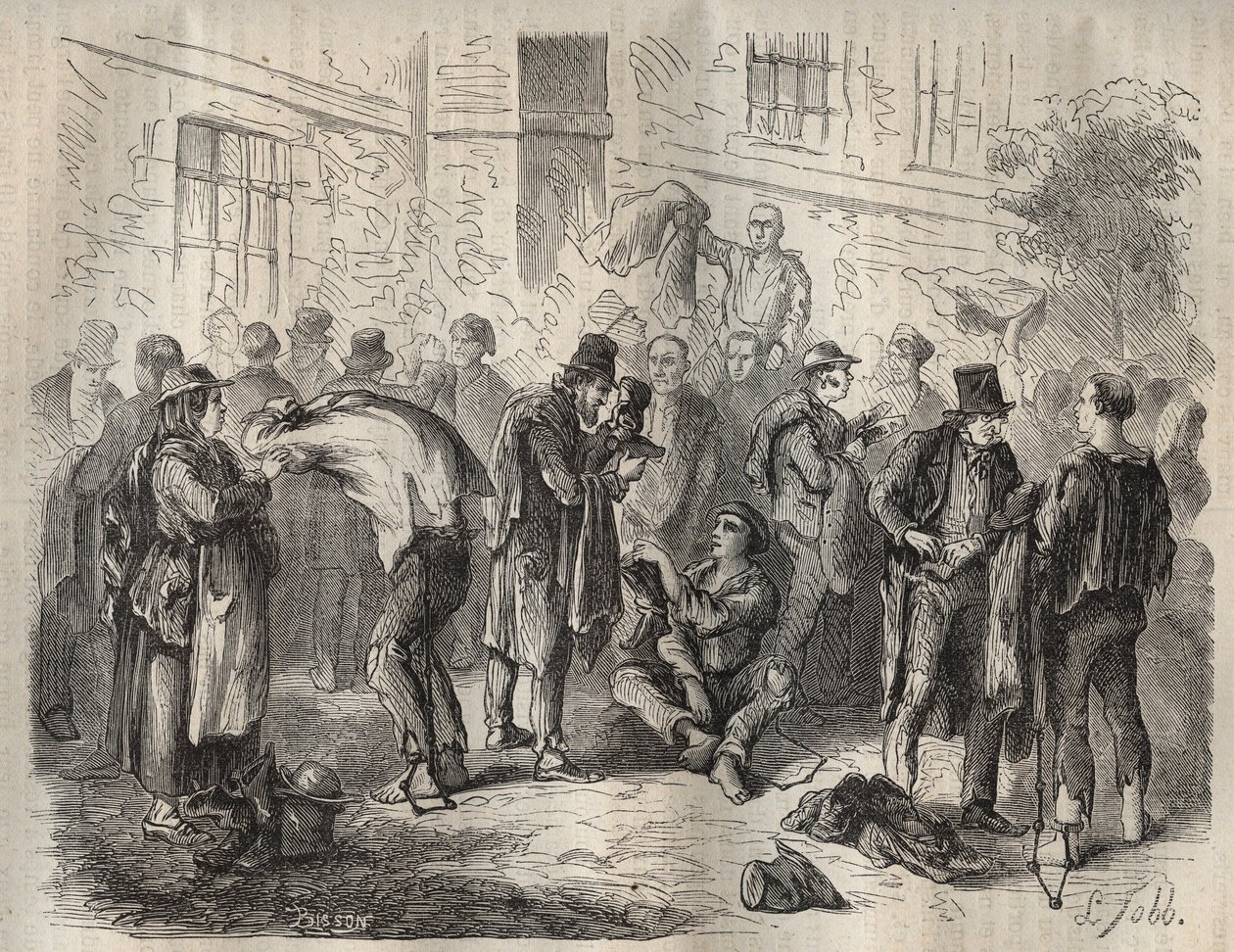 Forzati che vendono i loro beni prima di entrare nel Bagne di Tolone nel XIX secolo. Incisione in "Histoire des bagnes depuis leur création à nos jours" (1877) di Pierre Zaccone (1817-1895). Collezione privata da Anonymous Anonymous