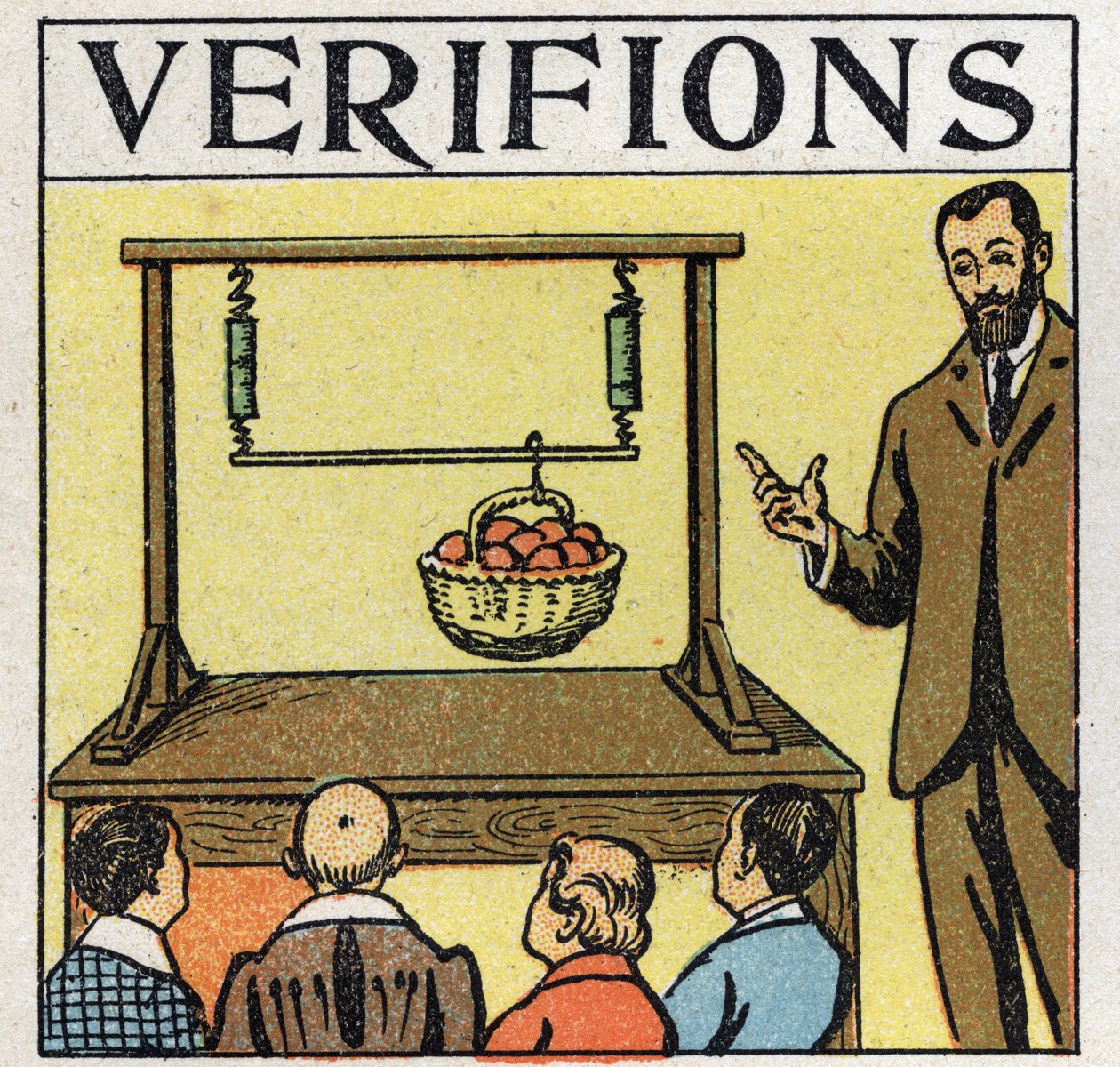 Forze: forze parallele. Cesto di mele sollevato con un palo tenuto da due molle. Illustrazione anonima del 1925. Collezione privata. da Anonymous Anonymous