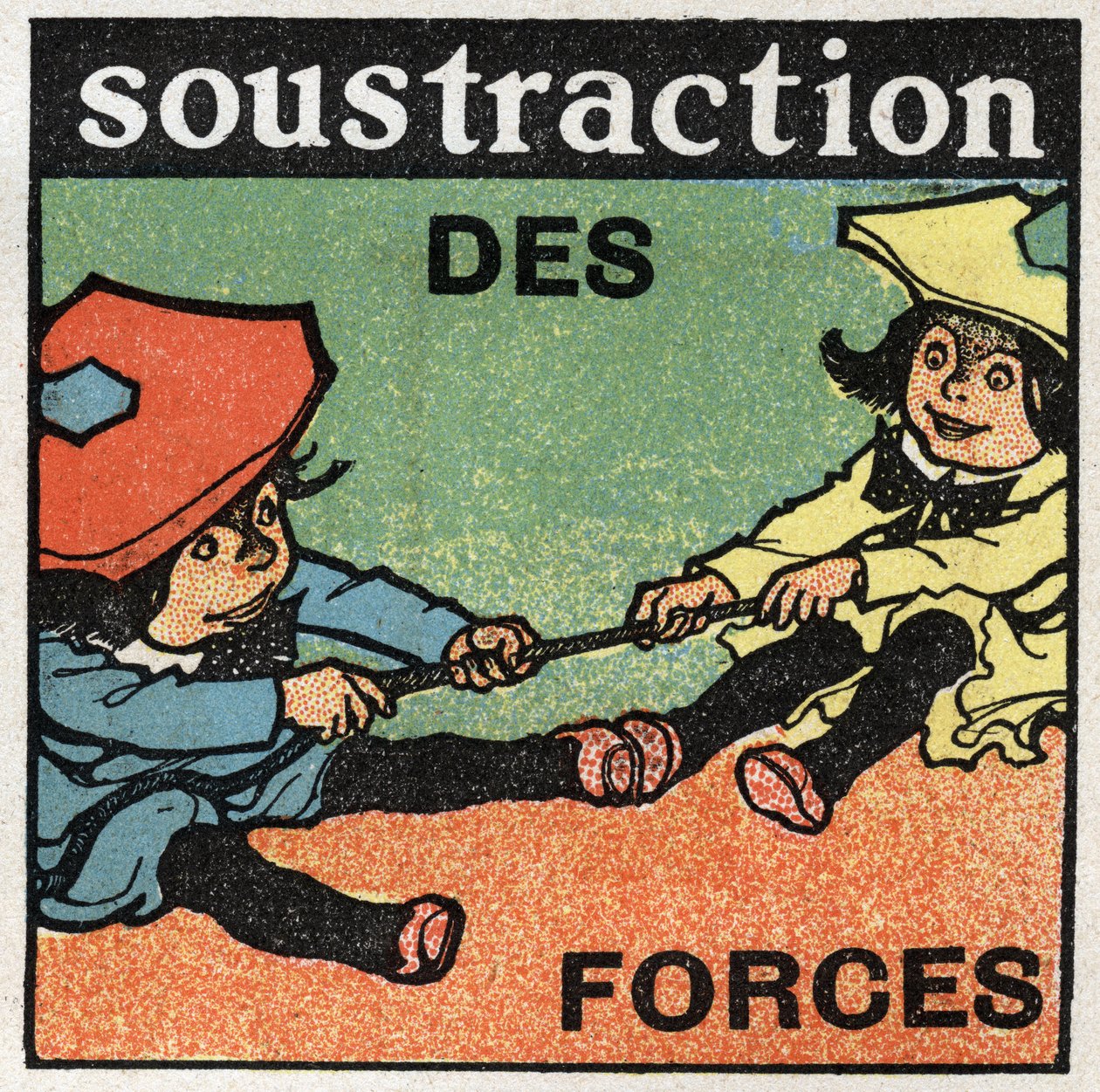 Forze: sottrazione delle forze. Due bambini tirano una corda. Illustrazione anonima del 1925. Collezione privata. da Anonymous Anonymous