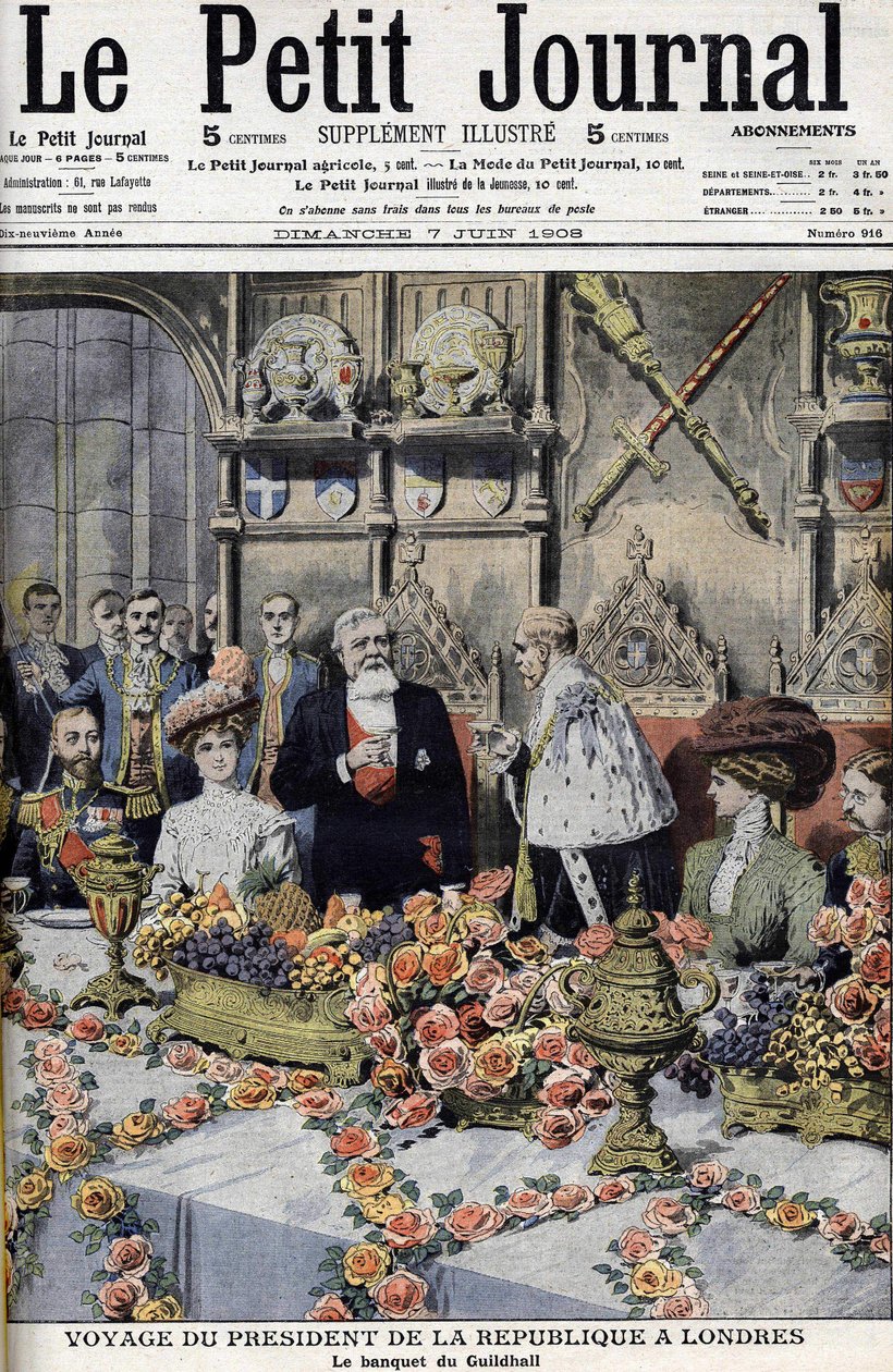 Il presidente francese Armand Fallières (1841-1931), ricevuto a Londra dal sindaco, a un banchetto alla Guildhall. Le petit Journal, giugno 1908 (incisione) da Anonymous Anonymous