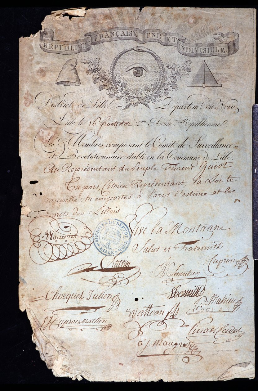 Rivoluzione francese: attestato di cittadinanza di Guiot de Saint-Florent (Saint Florent) detto Florent-Guiot (o Florent-Guyot) (1735-1834), rivoluzionario e rappresentante del popolo, dal Comitato Rivoluzionario di Lille datato 16 anni II (02/09/1 da Anonymous Anonymous
