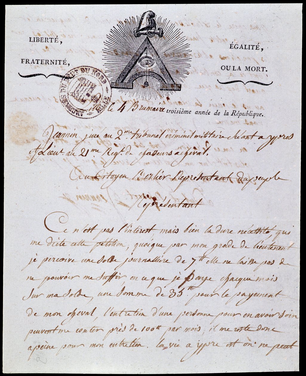 Rivoluzione francese: prima pagina e intestazione di una lettera amministrativa militare 4 nebbia anno III (25/10/1794) datata 18 Frimaio anno III (08/12/1794) con l