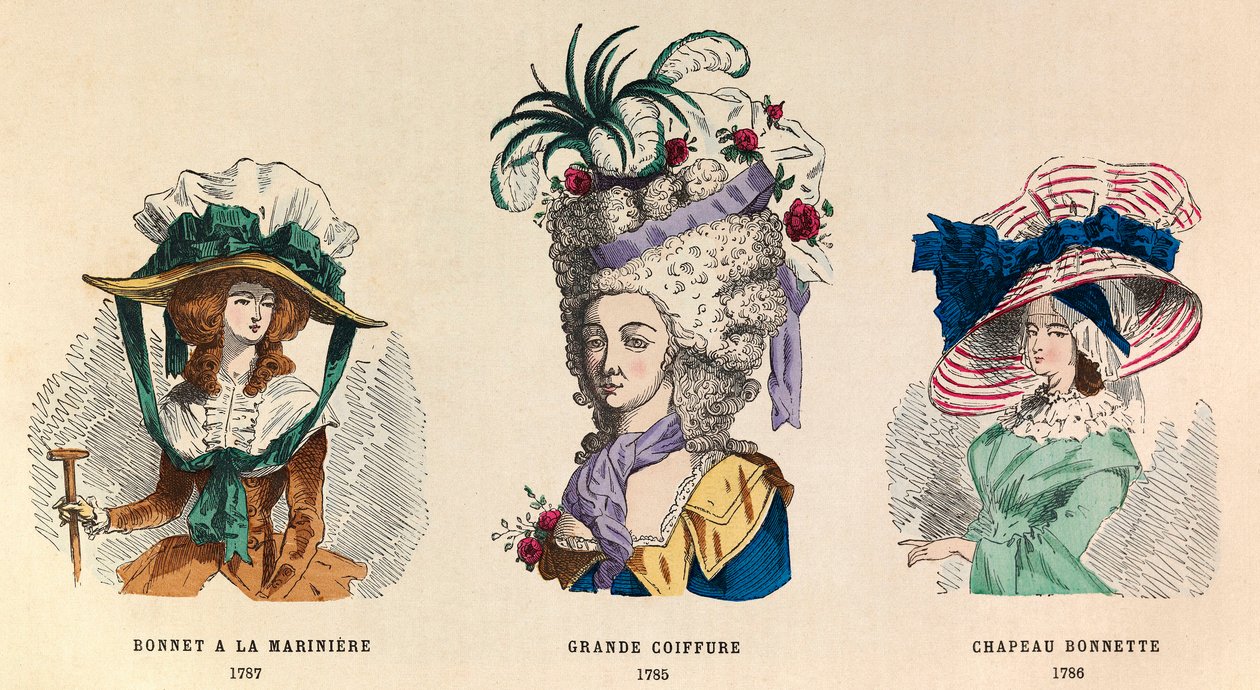 Da sinistra a destra: Cappello alla marinara nel 1787; Grande acconciatura nel 1785 e cappello Bonnette nel 1786 da Anonymous Anonymous