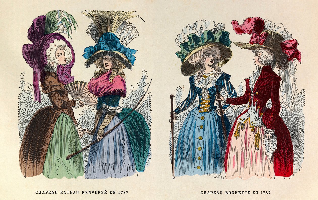 Da sinistra a destra: Cappello a barca rovesciata; Cappello a filo nel 1787 - collezione privata da Anonymous Anonymous