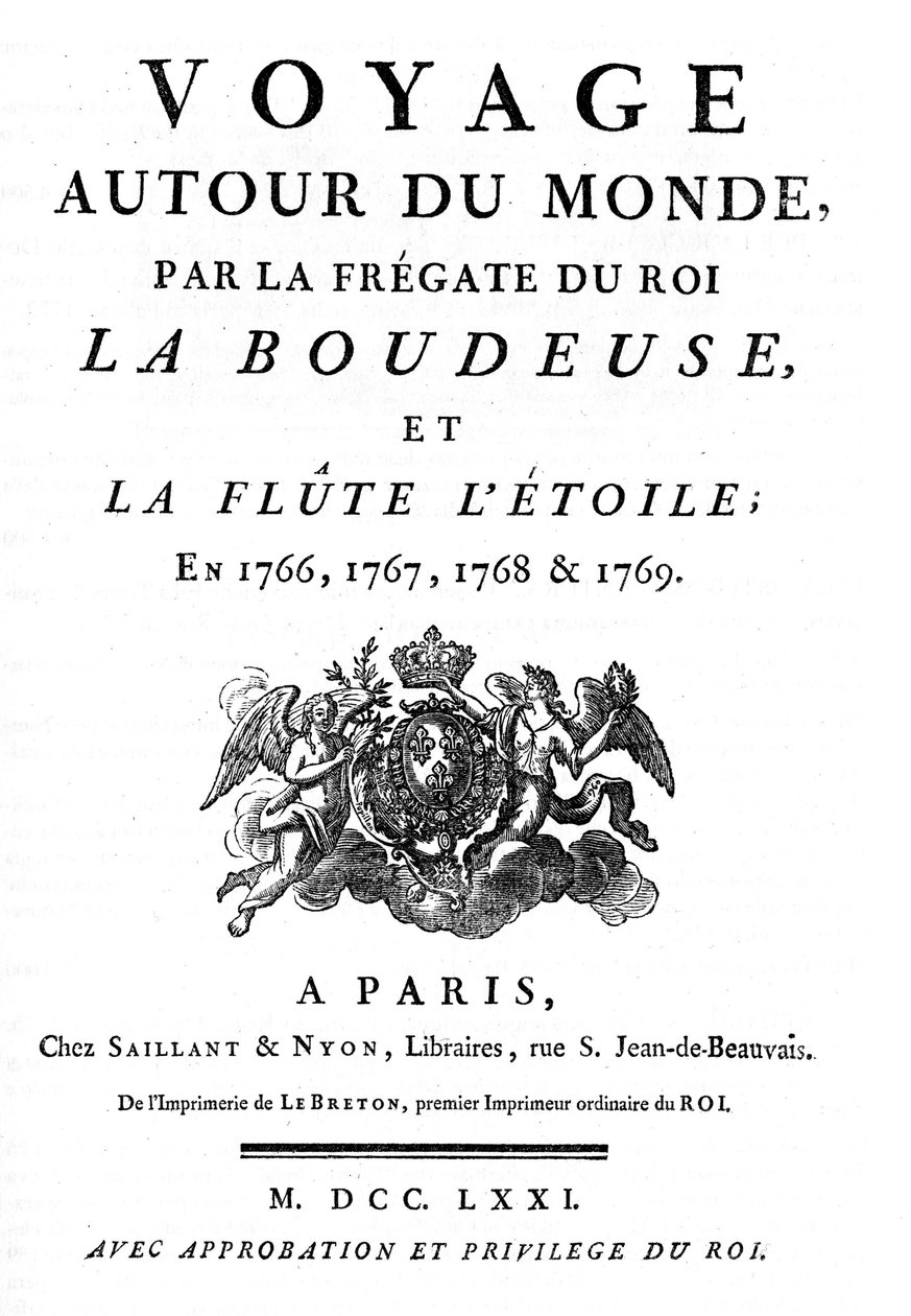 Frontespizio del 1771 del libro "Viaggio intorno al mondo per la fregata del re La Boudeuse e il flauto L