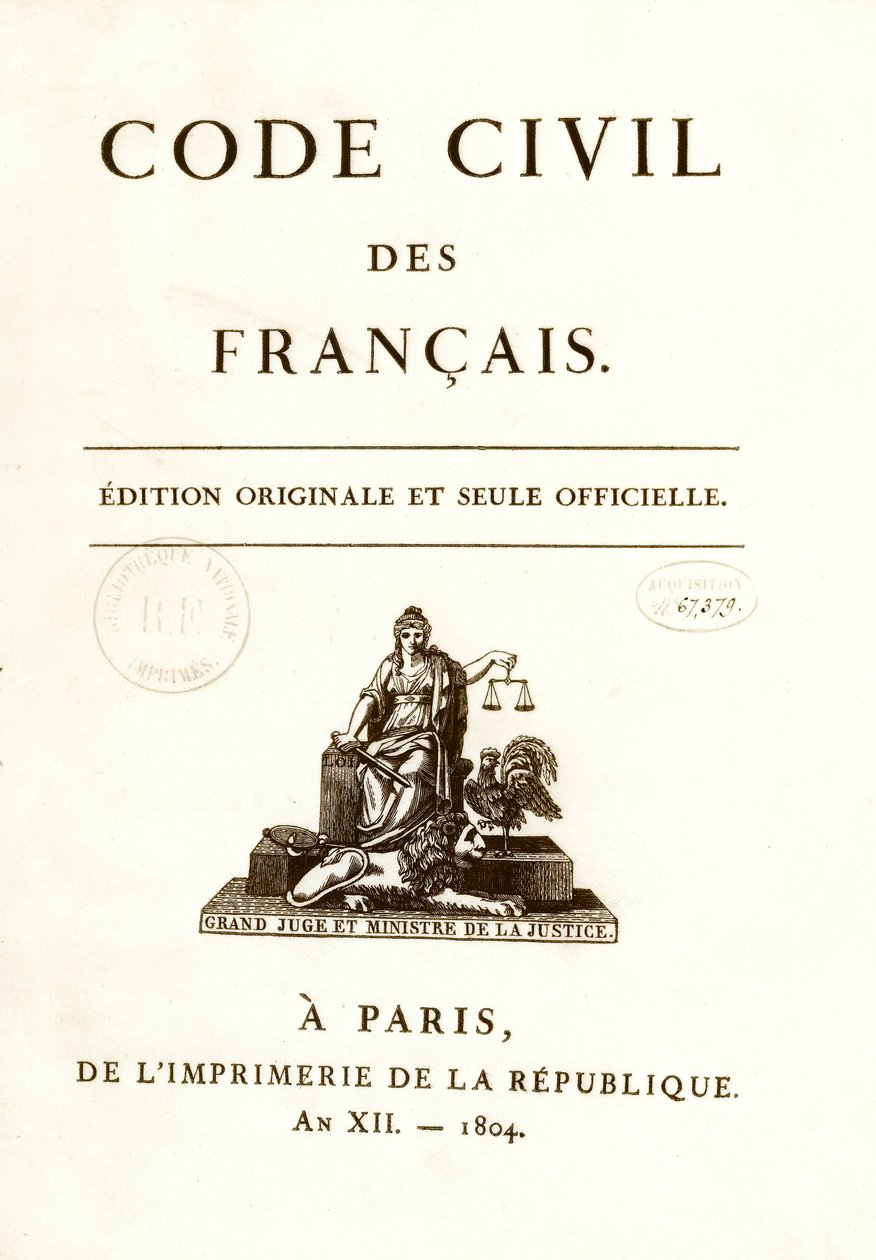 Frontespizio di una delle dodici edizioni originali del “Codice civile dei francesi” promulgato da Napoleone Bonaparte il 21/03/1804. Codice civile francese. B.N. Parigi da Anonymous Anonymous