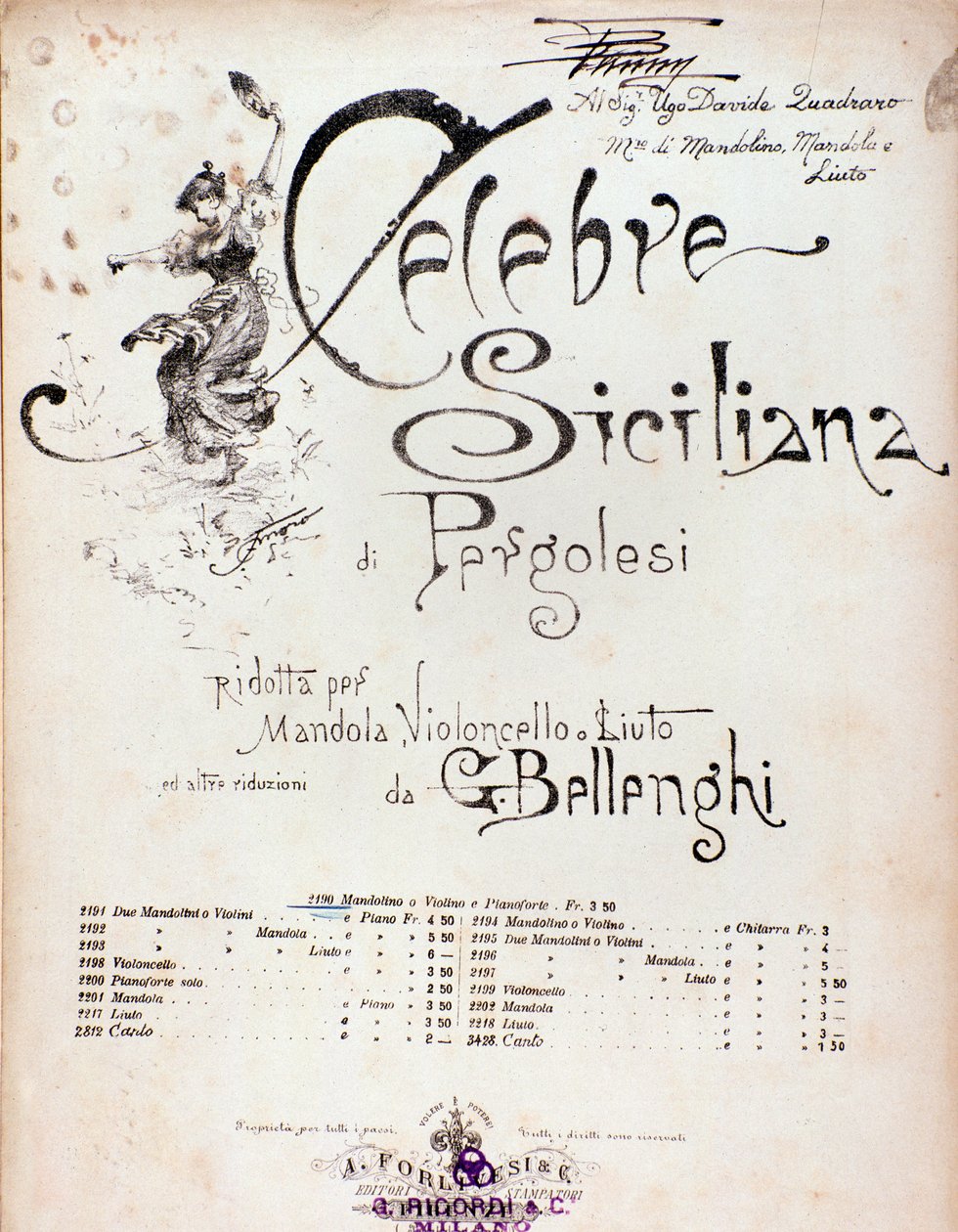 Frontespizio della partitura musicale di Celebre siciliana attribuita a GB Pergolese da Anonymous Anonymous