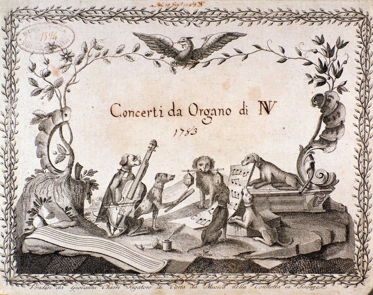 Frontespizio di una partitura musicale con rappresentazione di animali che suonano strumenti musicali (1783) da Anonymous Anonymous
